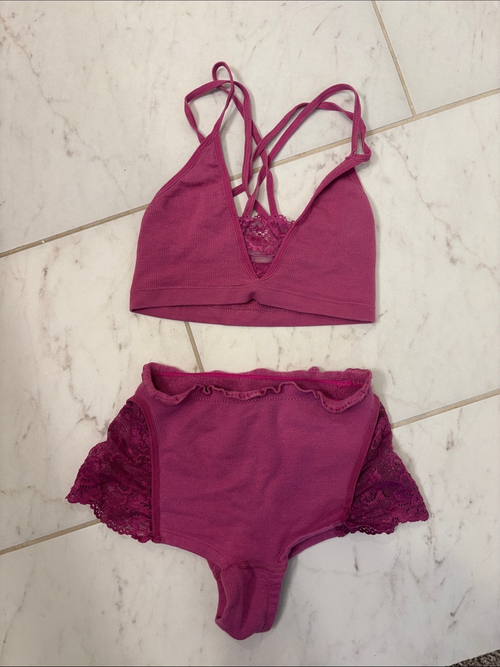 Anthropologie Ribbed Lace Bralette and High-Waist Brief Set - Magenta